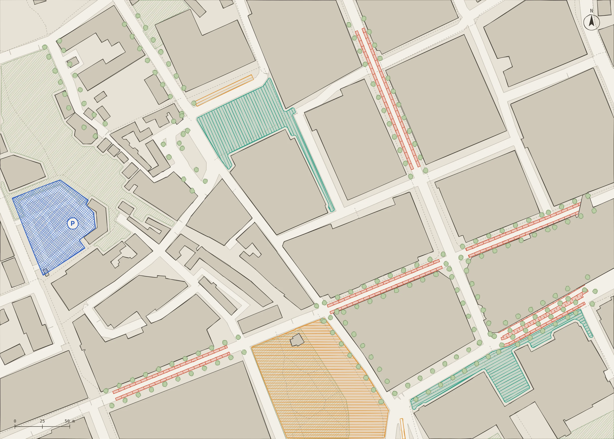 Illustration av en områdesplan med kantstensparkering, markparkering och garage